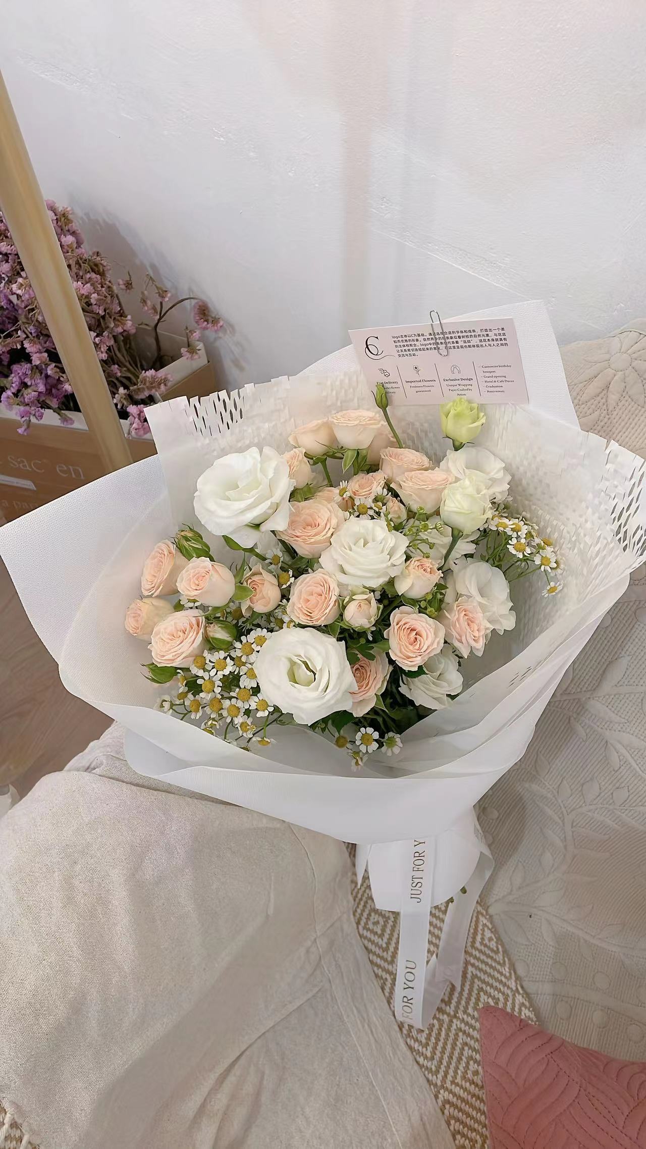 Fresh Mix Light Pink Roses Spray & Eustoma Flower Bouquet